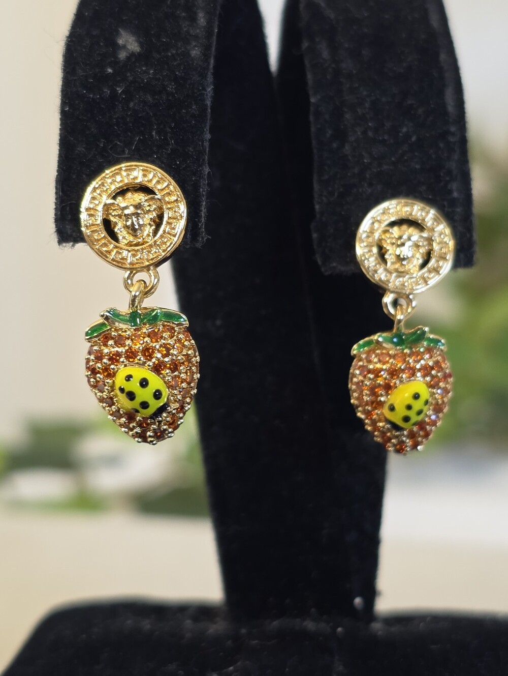 Gold Filled Medusa Greek Key Strawberry Ladybug Dangle Earrings CZ